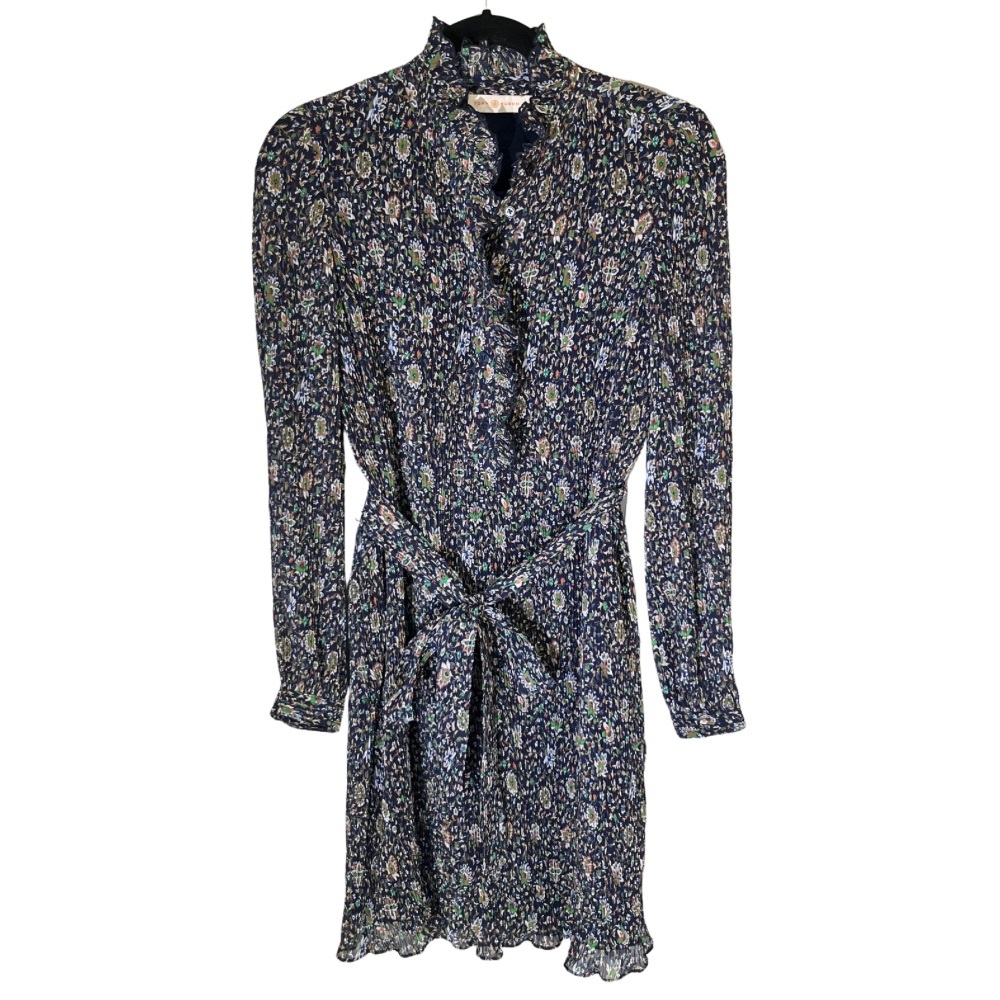 Tory Burch Deneuve Floral-Print Soleil Dress Navy Multi Plissé Ruffle, 4 NWOT